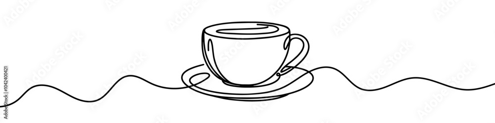 Continuous line drawing representing a cup of coffee on saucer Continuous line drawing representing a cup of coffee on saucer