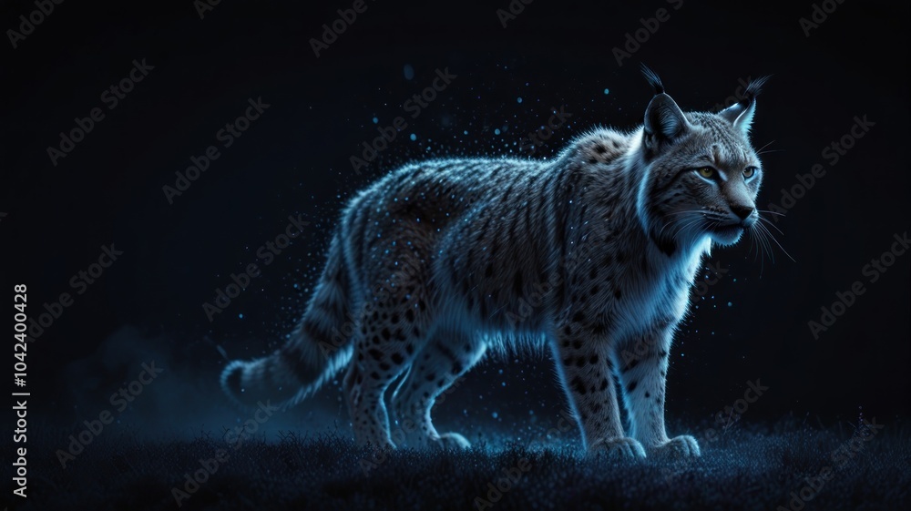Fototapeta premium A majestic lynx with glowing fur stands in a dark forest, surrounded by shimmering dust.