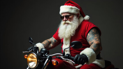 A cool Santa Claus with a white beard, with tattoos, wearing a red suit and sunglasses, is riding a red motorcycle against a grey background.