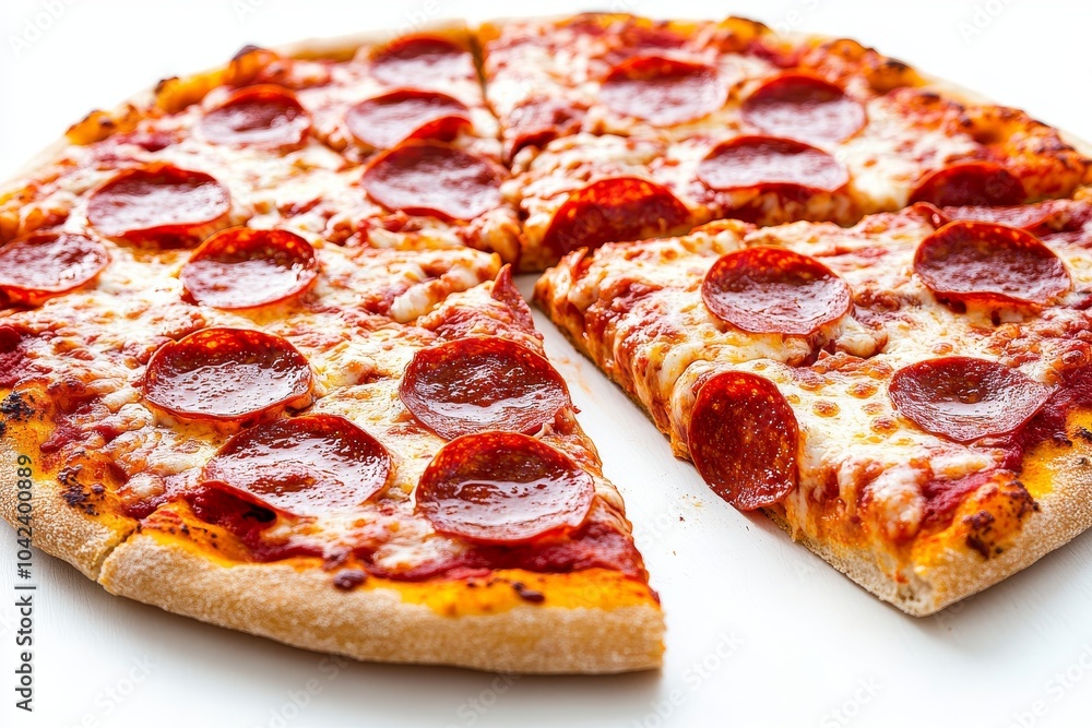A fresh, hot, and delicious pepperoni pizza with one slice removed, ready to be eaten. A fresh, hot, and delicious pepperoni pizza with one slice removed, ready to be eaten.