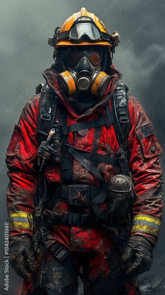 Firefighter in full gear and helmet, standing amidst smoke, ready for action in wet conditions Firefighter in full gear and helmet, standing amidst smoke, ready for action in wet conditions