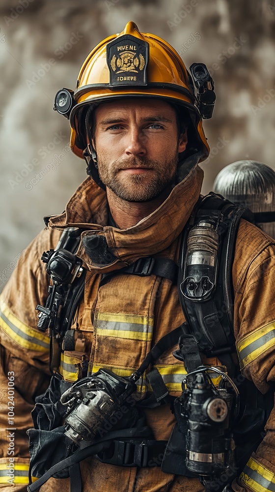 Obraz premium Firefighter in full gear, including a helmet and oxygen tank, confidently poses against a blurred, neutral background