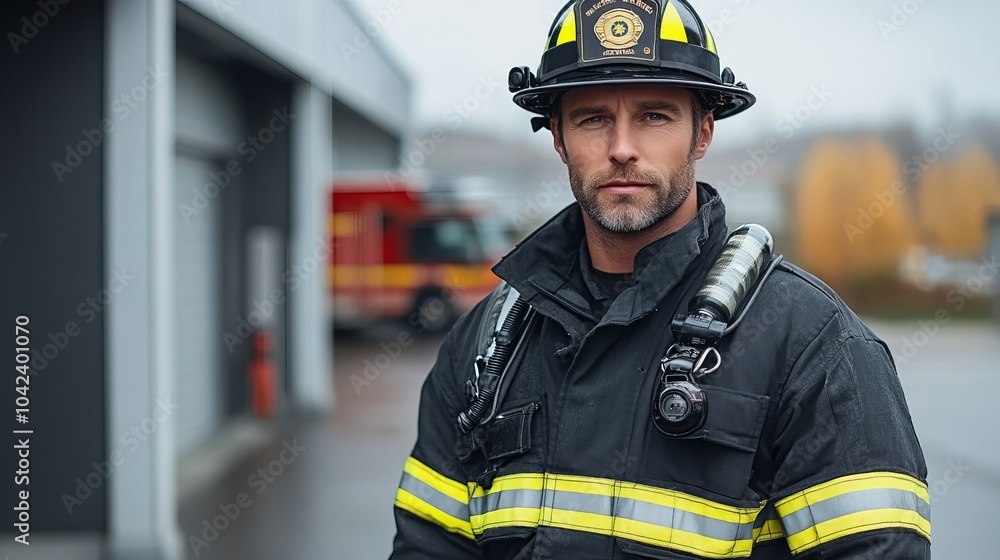 Firefighter in full gear, standing outside a fire station with a firetruck in the background on a cloudy day Firefighter in full gear, standing outside a fire station with a firetruck in the background on a cloudy day