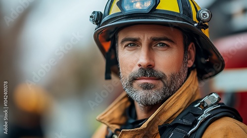 Firefighter wearing a yellow helmet and protective gear, looking directly at the camera with a serious expression