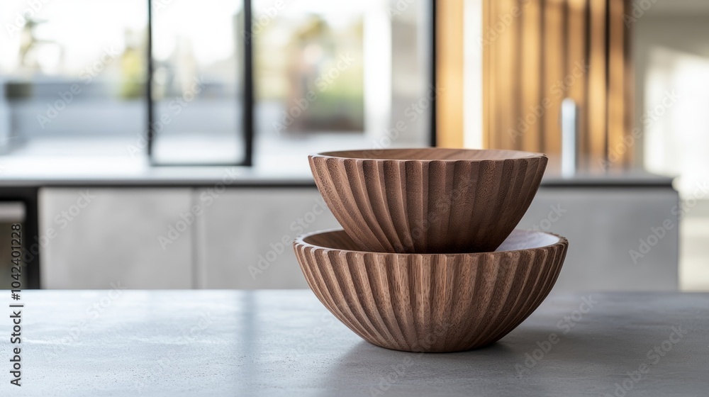 Two wooden bowls stacked on a kitchen counter with a modern kitchen in the background. Two wooden bowls stacked on a kitchen counter with a modern kitchen in the background.