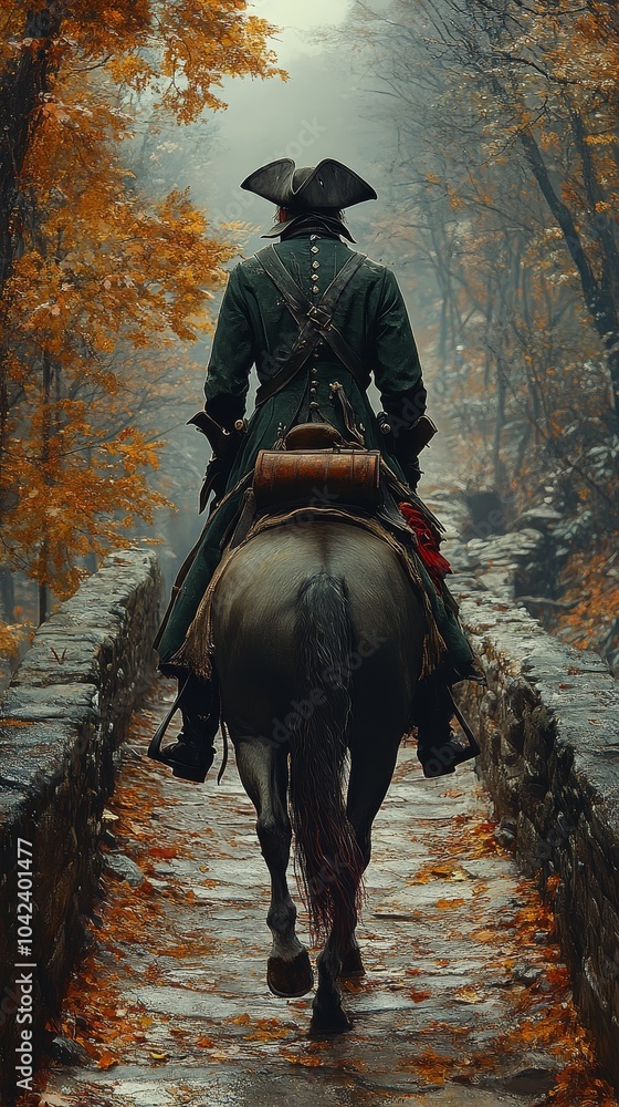 Fototapeta premium Person in historical clothing rides a horse on a stone path surrounded by autumn trees in a misty forest