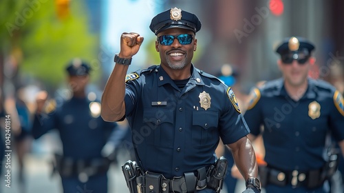 Group of smiling police officers in uniform are marching confidently down the street, with one officer prominently raising his fist