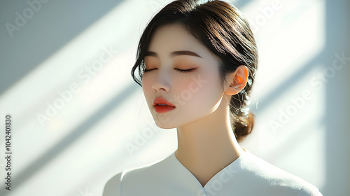 A serene portrait of a woman with closed eyes in soft lighting.