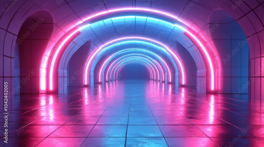 Sleek mirrored surfaces reflecting symmetrical arches, glowing with soft neon lights, creating a futuristic hall of infinite reflections Sleek mirrored surfaces reflecting symmetrical arches, glowing with soft neon lights, creating a futuristic hall of infinite reflections