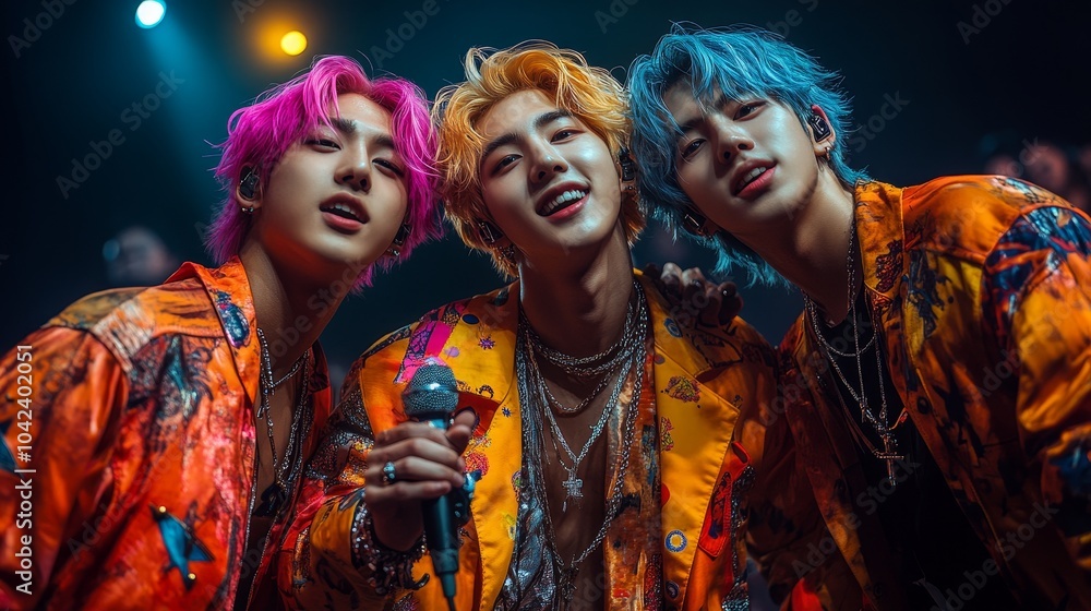 Fototapeta premium Shows three people with vibrant hair colors—pink, orange, and blue—wearing colorful jackets and holding a microphone