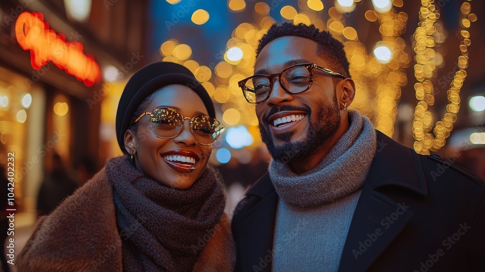 Smiling couple in winter clothing enjoys a festive city street decorated with warm, glowing lights and blurred backgrounds Smiling couple in winter clothing enjoys a festive city street decorated with warm, glowing lights and blurred backgrounds