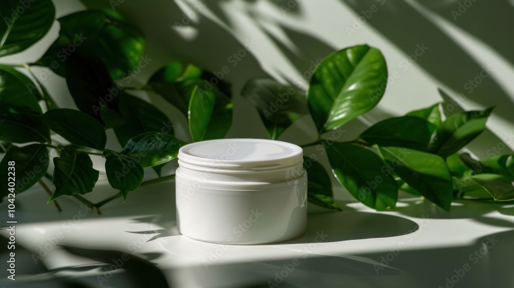 A white cylindrical container set amidst vibrant green foliage, with sunbeams creating a peaceful and clean environmental setting. A white cylindrical container set amidst vibrant green foliage, with sunbeams creating a peaceful and clean environmental setting.