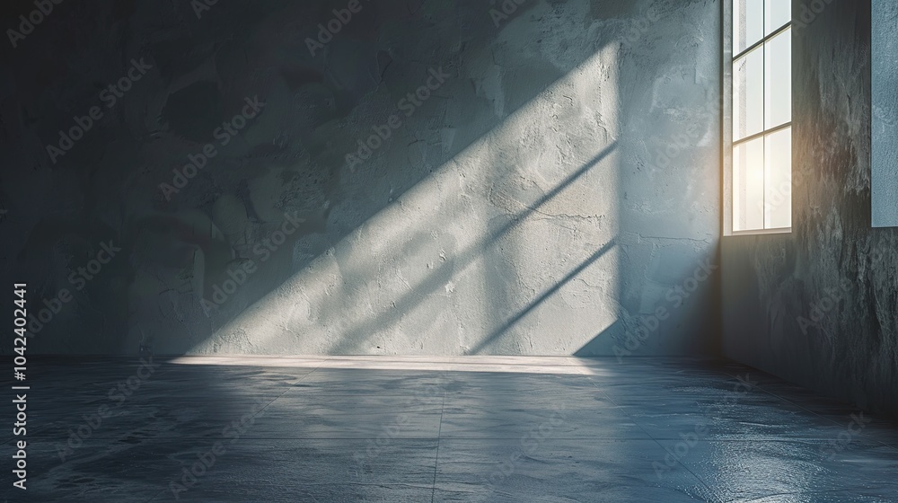 A spacious, empty room with concrete walls and a large window, sunlight streaming in. A spacious, empty room with concrete walls and a large window, sunlight streaming in.