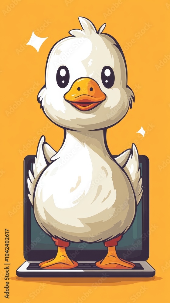 Obraz premium Cute cartoon duck stands happily in front of a laptop, radiating joy against a bright orange background with sparkles