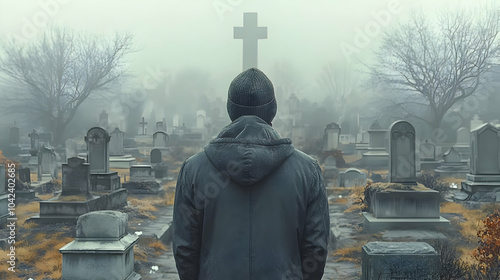 A person stands in a foggy ...