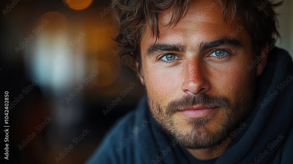 Man with tousled brown hair and a beard, wearing a dark sweater, gazing directly ahead Man with tousled brown hair and a beard, wearing a dark sweater, gazing directly ahead