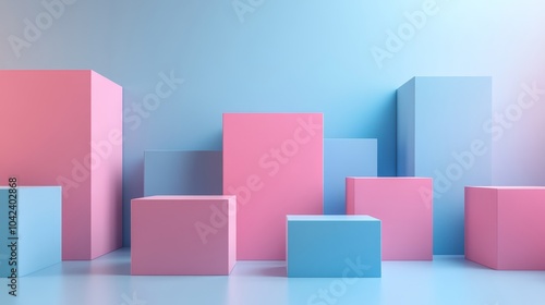 Symmetrical arrangement of blue and pink trapezium shapes in 3D, creating depth and dimension, soft shadowing, glossy surfaces, modern aesthetic