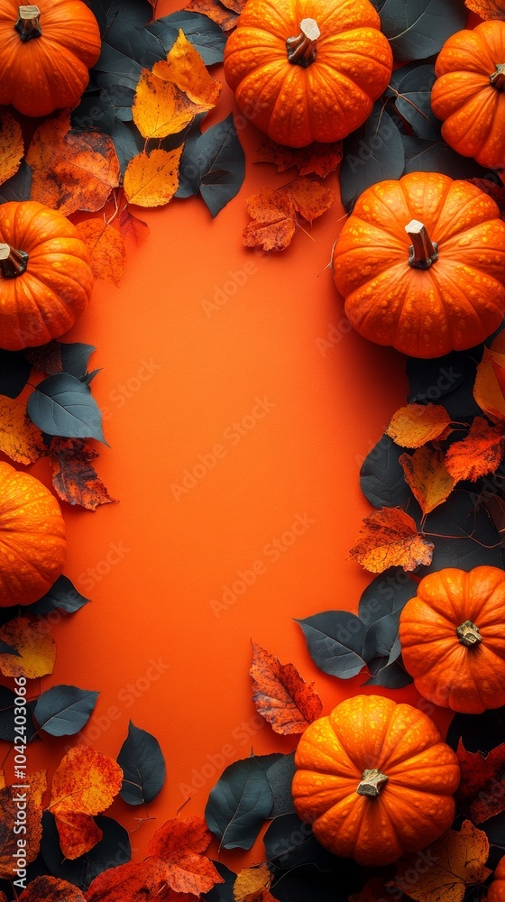 Features orange pumpkins surrounded by autumn leaves, arranged around the edges on an orange background, creating a festive scene Features orange pumpkins surrounded by autumn leaves, arranged around the edges on an orange background, creating a festive scene