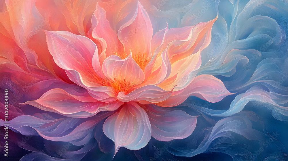 A vibrant, abstract depiction of a blooming lotus flower. A vibrant, abstract depiction of a blooming lotus flower.