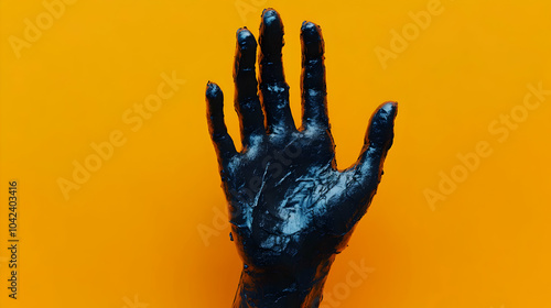 Black Hand Reaching Up Against a Yellow Background