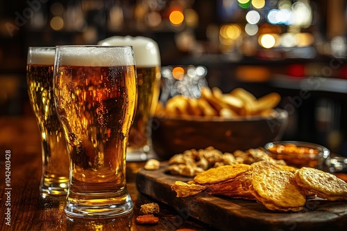 a wooden table topped with two glasses of beer and chips