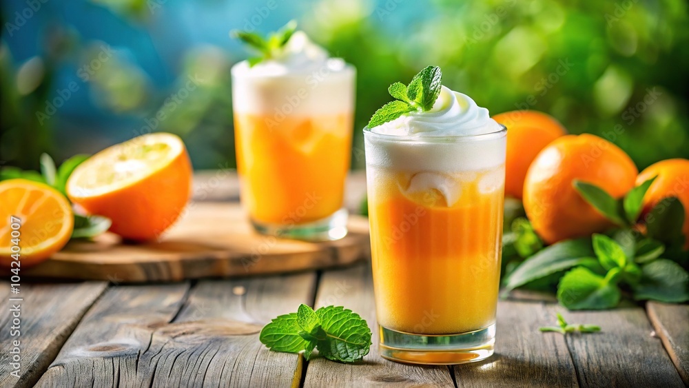 Fototapeta premium Refreshing orange juice with mint and cream on multicolor background perfect for summer
