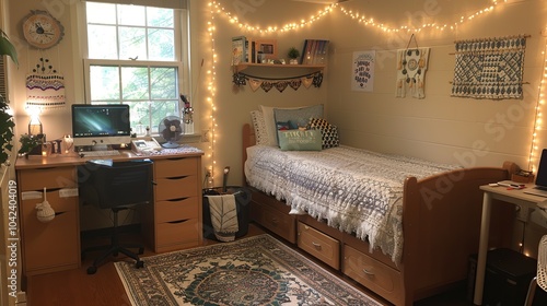 A cozy dorm room with a bed, desk, and string lights. photo