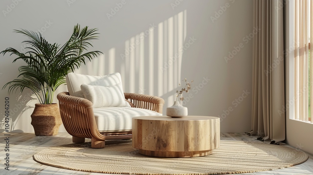 A minimalist living room interior with a wicker armchair, a round wooden coffee table, a potted plant, a vase with dried flowers, and a rug. A minimalist living room interior with a wicker armchair, a round wooden coffee table, a potted plant, a vase with dried flowers, and a rug.
