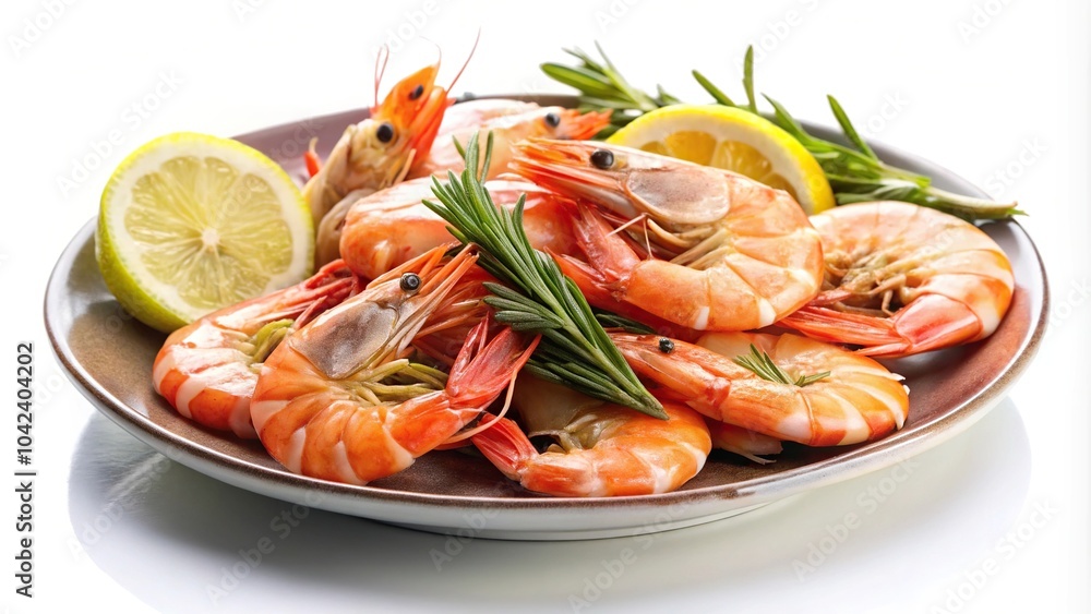 Delicious cooked shrimps served with lemon pepper and rosemary on white background Delicious cooked shrimps served with lemon pepper and rosemary on white background