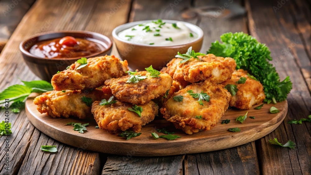 Delicious crispy fried chicken fritters garnished with fresh herbs and a side of dipping sauce on rustic wooden table with a tilted angle Delicious crispy fried chicken fritters garnished with fresh herbs and a side of dipping sauce on rustic wooden table with a tilted angle