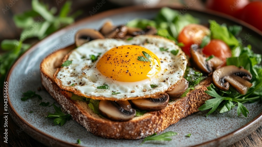 A delicious plate of gourmet toast topped with a fried egg, sauteed mushrooms, and fresh salad, perfect for a hearty breakfast or brunch. A delicious plate of gourmet toast topped with a fried egg, sauteed mushrooms, and fresh salad, perfect for a hearty breakfast or brunch.