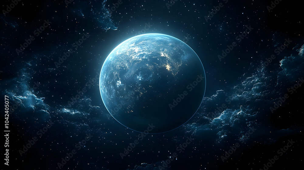 Obraz premium A serene view of a blue planet surrounded by cosmic clouds.