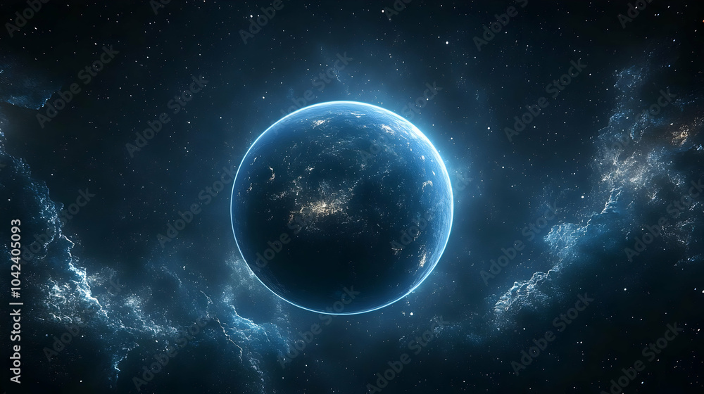 Fototapeta premium A glowing planet surrounded by cosmic clouds and stars.