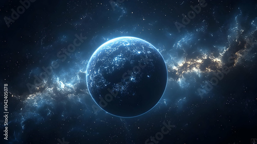 A glowing blue planet surro...