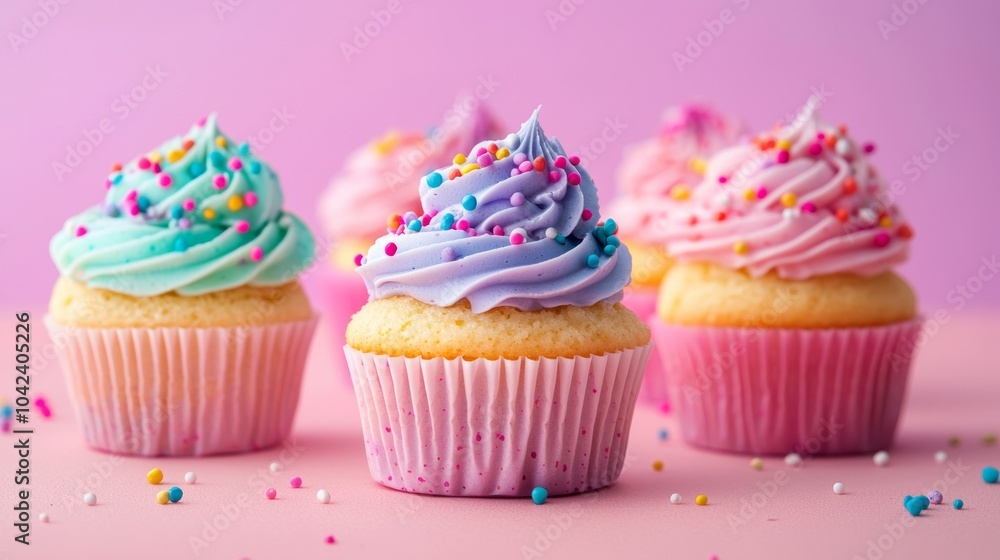Colorful cupcakes with pastel frosting and sprinkles on a pink background Colorful cupcakes with pastel frosting and sprinkles on a pink background