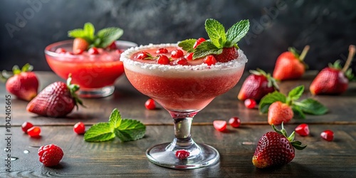 Refreshing strawberry margarita garnished with strawberries, mint, and pomegranate seeds photo