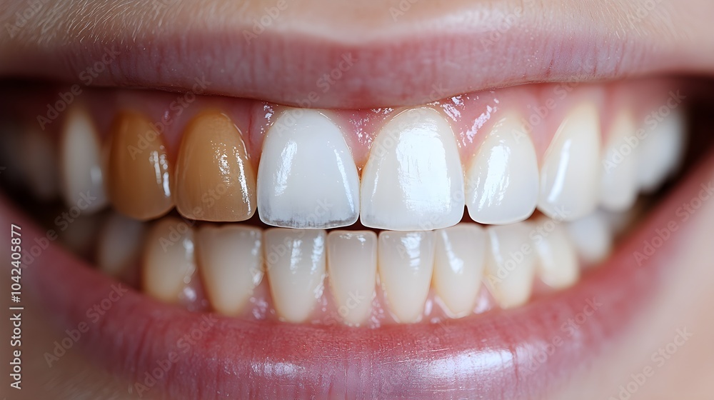 Fototapeta premium Blog post about teeth whitening treatments, showcasing before-and-after images of stained teeth becoming sparkling white, emphasizing the noticeable results