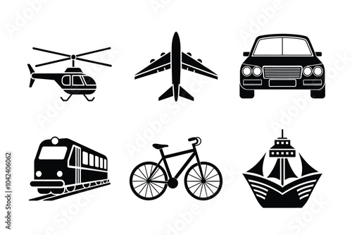 set of 6 different transportation icons like car,bicycle,train,cruise ship,helicopter,airplane silhouette vector illustration on white background.