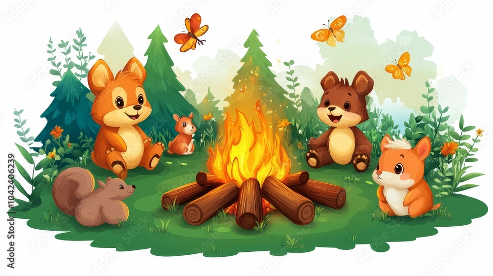 Naklejka premium Illustration for a campfire surrounded by talking animals