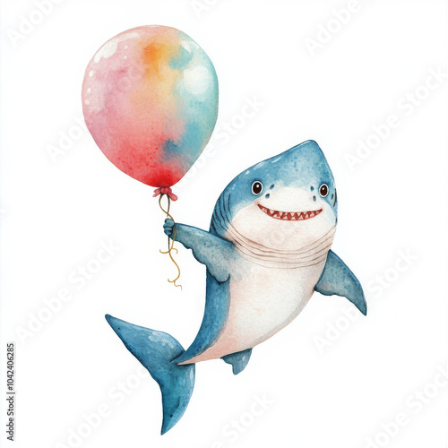 A cheerful baby shark holding a colorful balloon, swimming on an isolated background. Watercolor hand-drawn illustration of a cute shark toy, great for fun children's room decor. photo