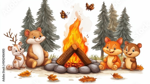 Illustration for a campfire surrounded by talking animals