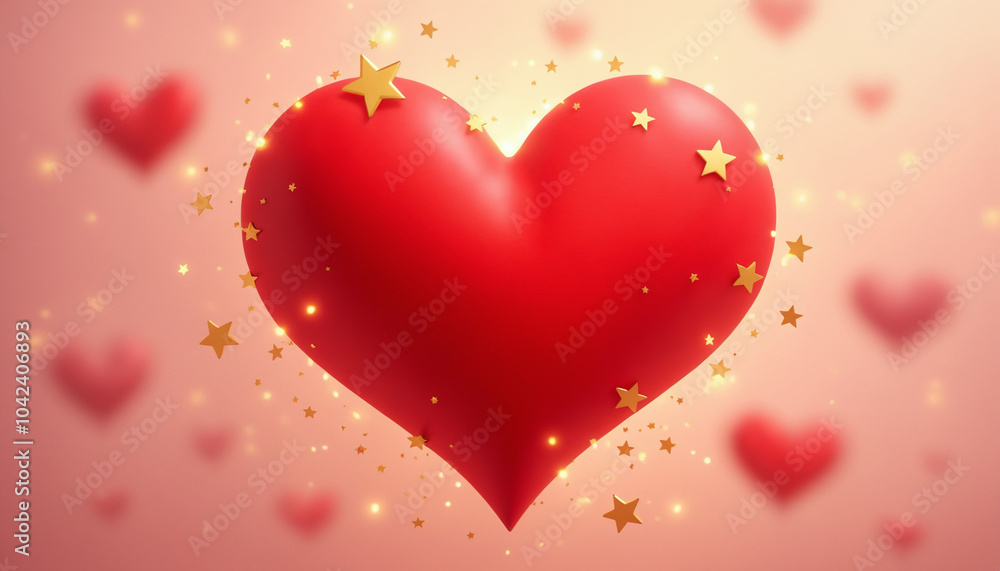 Shiny red heart surrounded by golden stars for romantic decoration and celebrations Shiny red heart surrounded by golden stars for romantic decoration and celebrations