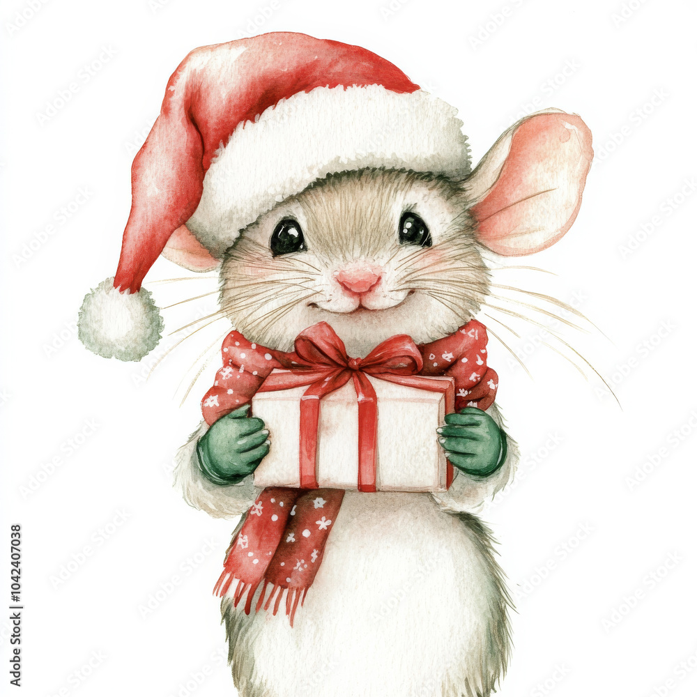 A cute watercolor Christmas mouse holding a tiny gift box, with a Santa hat and festive scarf. The hand-drawn mouse is set against a white background, making it perfect for creating holiday-themed A cute watercolor Christmas mouse holding a tiny gift box, with a Santa hat and festive scarf. The hand-drawn mouse is set against a white background, making it perfect for creating holiday-themed