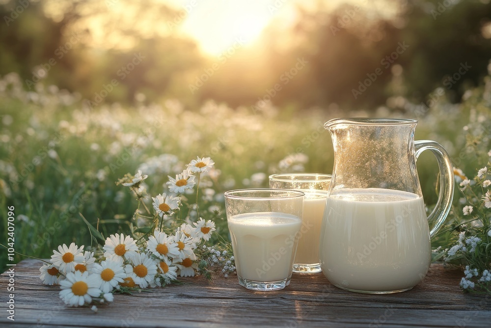 A glass pitcher and two glasses filled with fresh milk sit on a wooden table in a field of daisies at sunset. A glass pitcher and two glasses filled with fresh milk sit on a wooden table in a field of daisies at sunset.