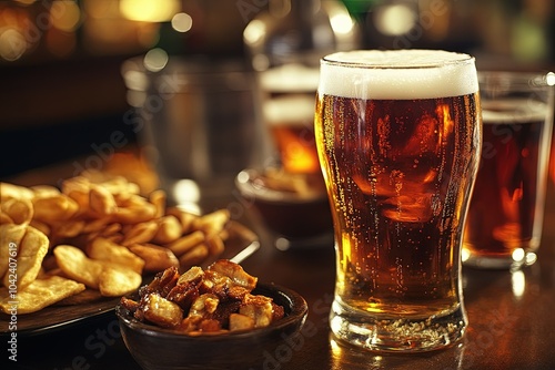 a glass of beer next to a plate of food