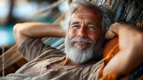 A smiling elderly man relaxes in a hammock, enjoying leisure time.