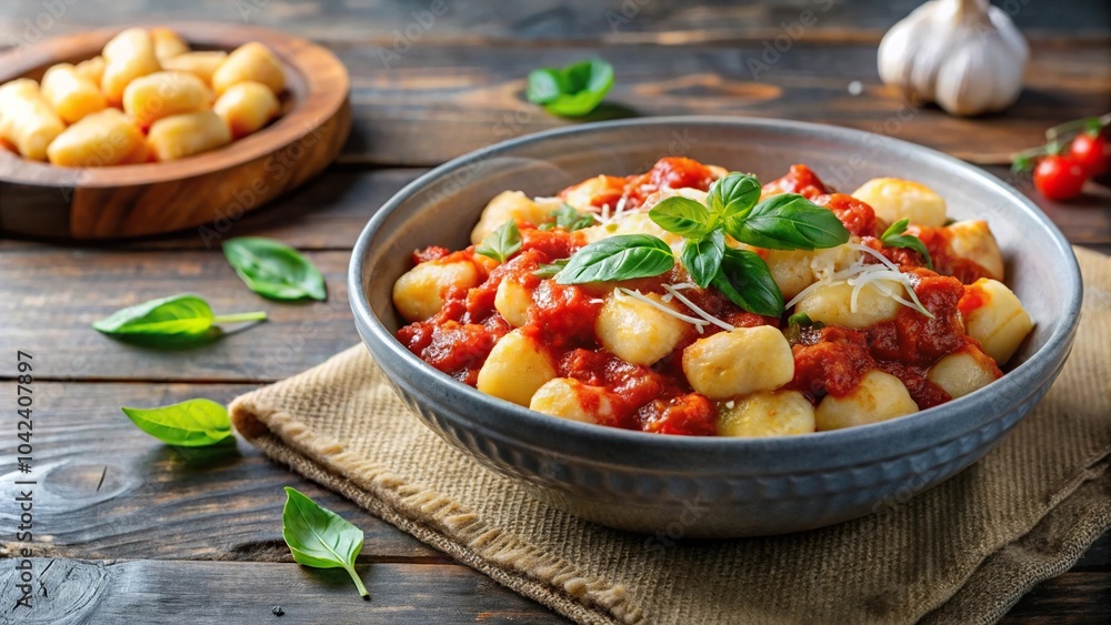 Delicious homemade gnocchi in tomato sauce topped with cheese and basil leaves Delicious homemade gnocchi in tomato sauce topped with cheese and basil leaves