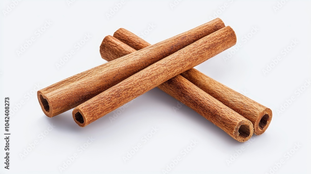 Detailed shot of two cinnamon sticks side by side, their textured surface contrasting against a bright white background, soft natural shadows Detailed shot of two cinnamon sticks side by side, their textured surface contrasting against a bright white background, soft natural shadows