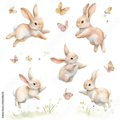 A playful watercolor illustration set of cute bunnies jumping, running, and playing with butterflies. The hand-painted rabbits are depicted in soft pastel colors, isolated on a white background,