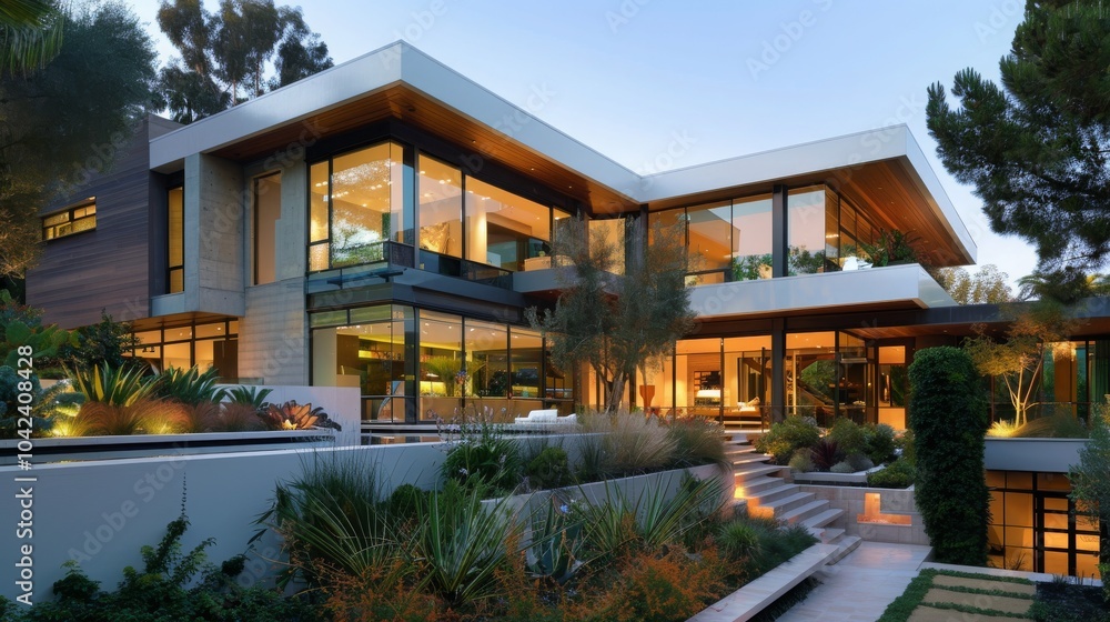 Fototapeta premium Modern house with large windows overlooking a landscaped backyard. The house has a contemporary design with sleek lines and a minimalist aesthetic.